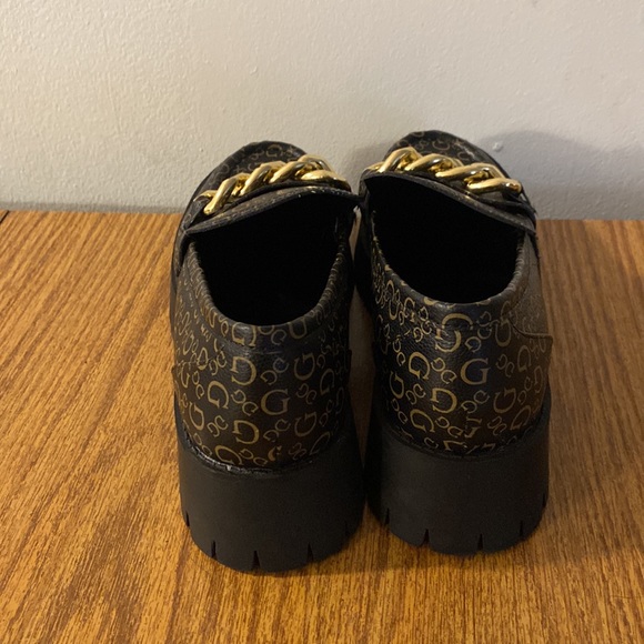 Guess Hillford Black PU Leather Gold Chain Platform Loafers - Picture 4 of 7